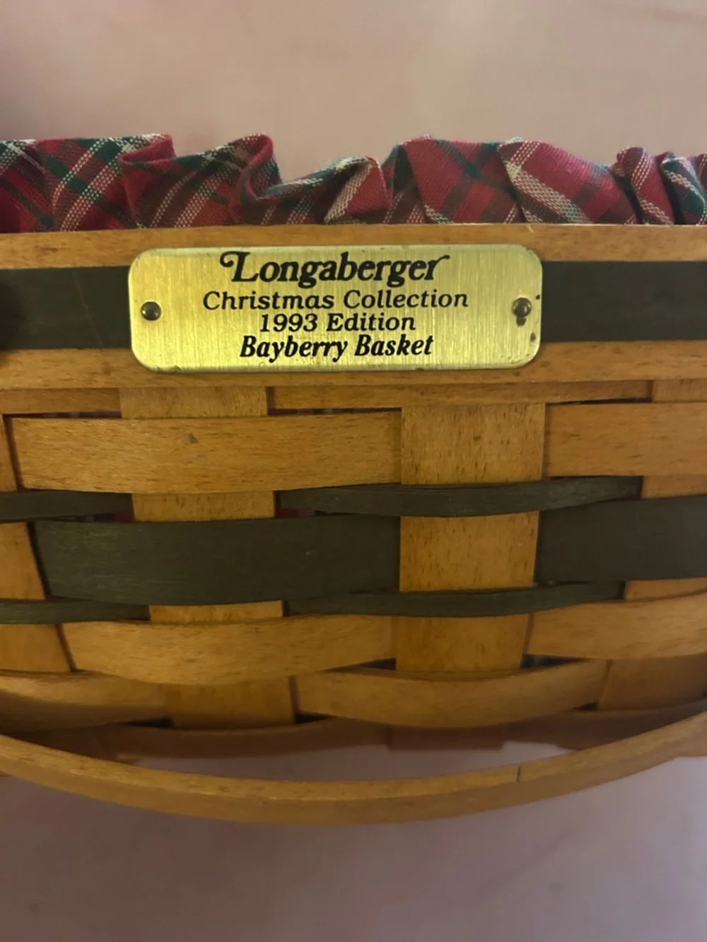 Longaberger Plaid Lined Wooden Basket with Dual swinging Handles - Red